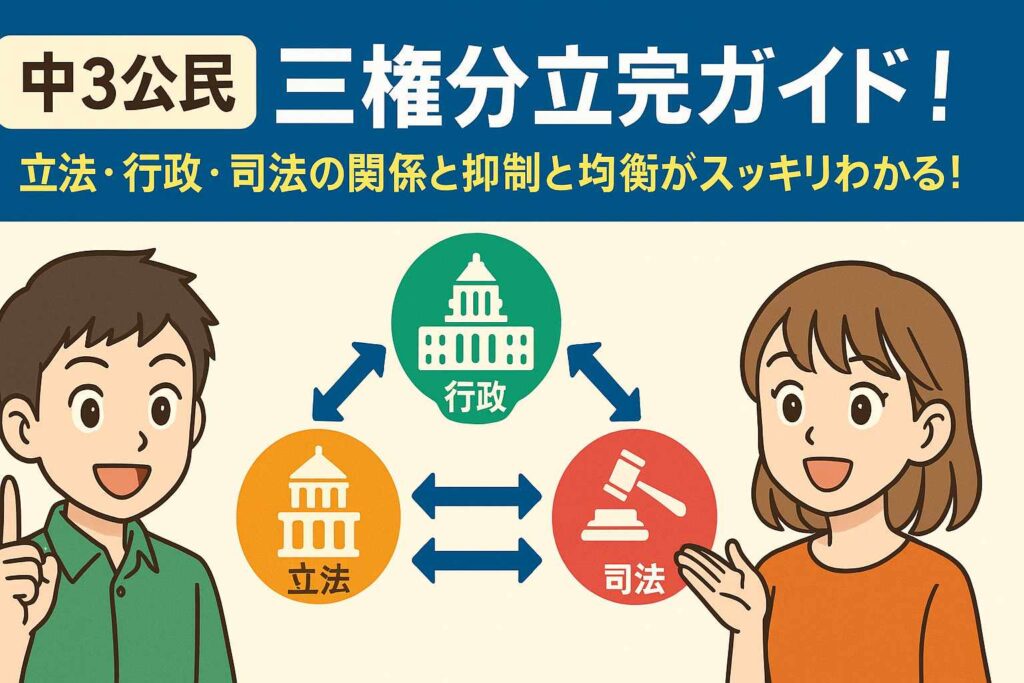 中3公民|三権分立を完全攻略!立法・行政・司法のしくみと「抑制と均衡」が一発でわかる!サムネイル