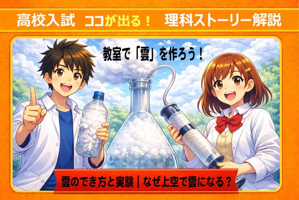 【中学理科/地学】雲のでき方と実験｜なぜ上空に行くと雲になる？「断熱膨張」を完全攻略サムネイル